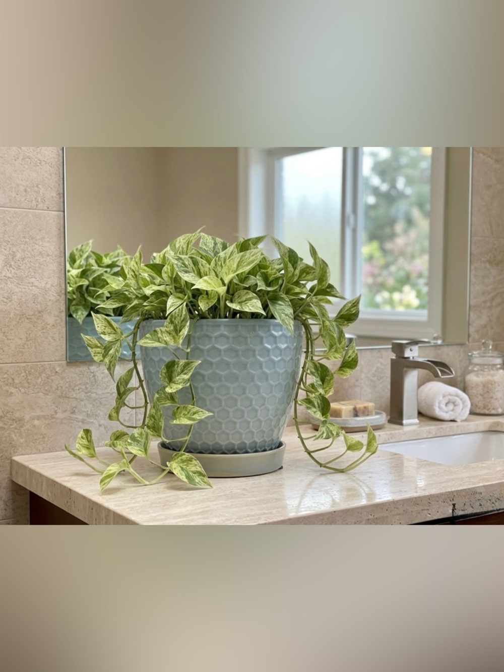 Blue Honeycomb Ceramic Planter with Saucer - 6 Inch Modern Round Flower Pot